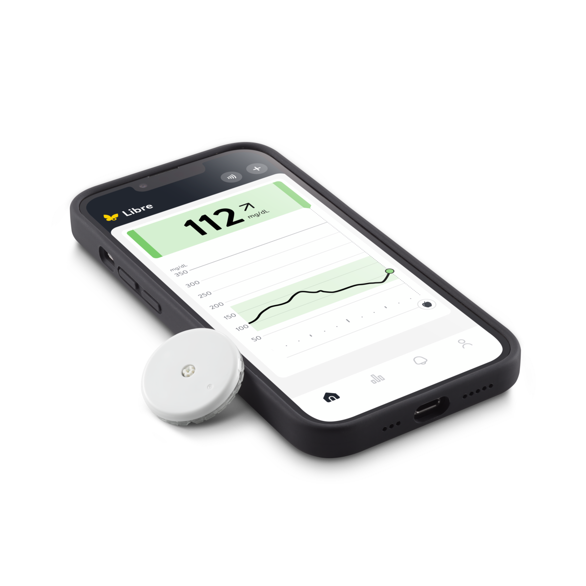 Immagine che mostra app Libre su smartphone e sensore FreeStyle Libre 2