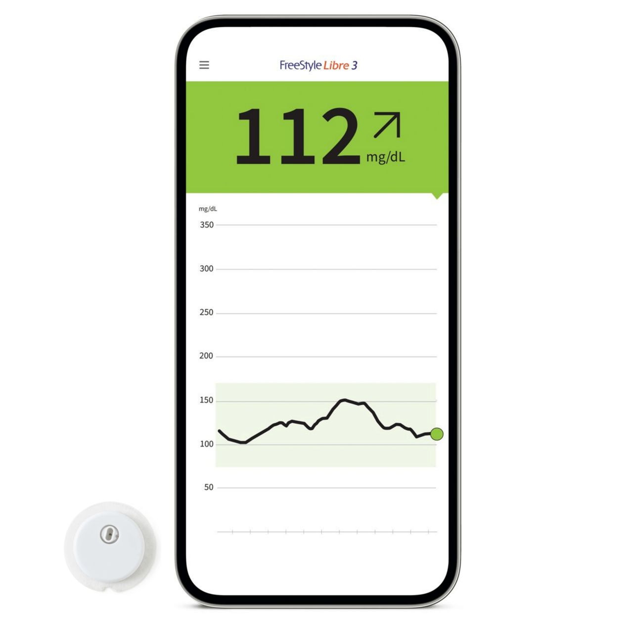 Schermata dell'app FreeStyle Libre 3 su smartphone con sensore FreeStyle Libre 3 in basso a sinistra