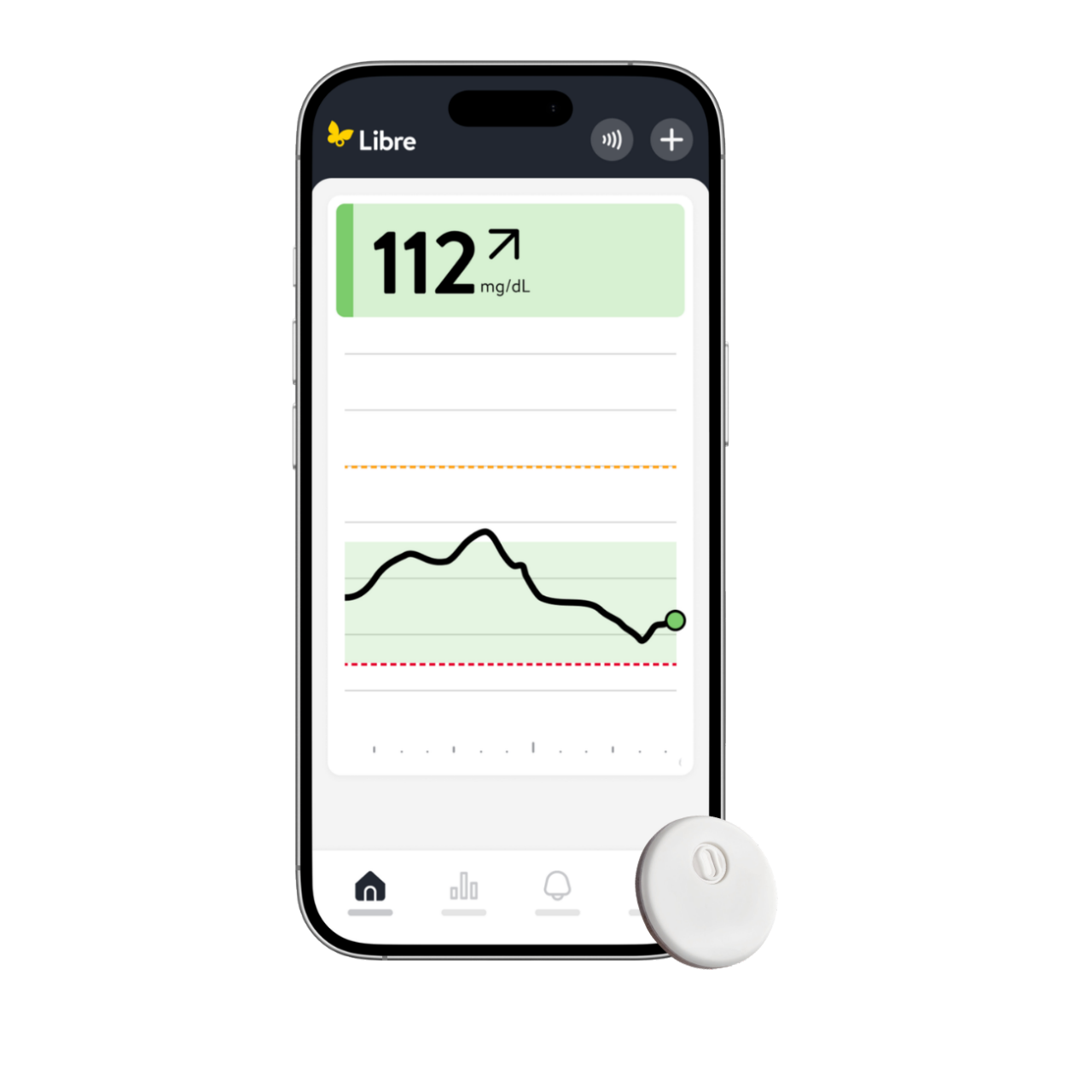 Schermata dell'app Libre su smartphone con sensore FreeStyle Libre 3 in basso a destra