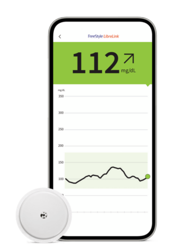 Schermata dell'app FreeStyle LibreLink su smartphone con sensore FreeStyle Libre 2 in basso a sinistra