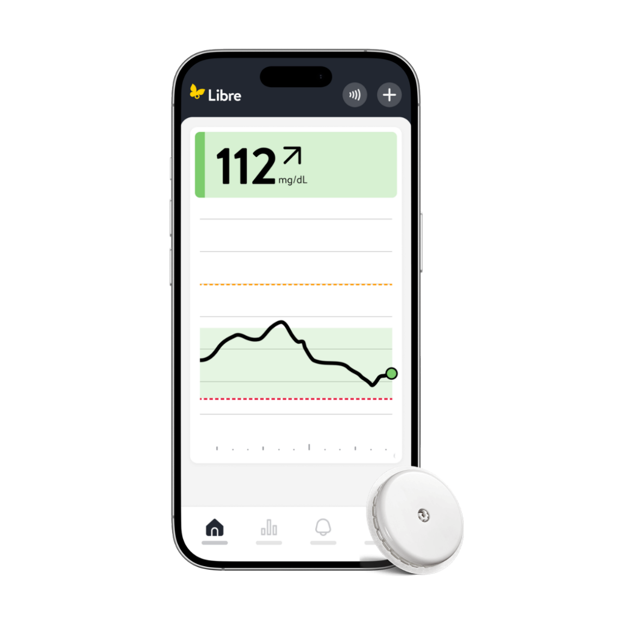 Schermata dell'app Libre su smartphone con sensore FreeStyle Libre 2 in basso a sinistra
