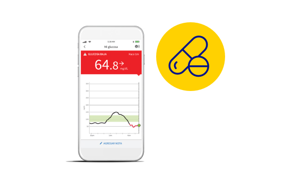 smartphone con freestyle librelink app y pastillas icono.