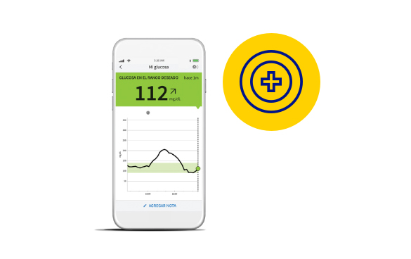 smartphone con freestyle librelink app junto al icono de salud.