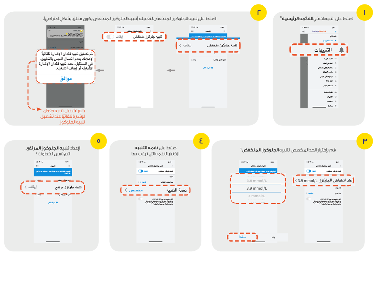 Steps to setting alarms on the LibreLinkUp app.