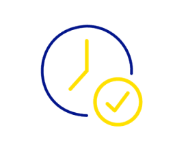 Niebieska ikona zegara z żółtymi wskazówkami pojawia się obok mniejszego żółtego okręgu zawierającego znacznik wyboru, symbolizują tendencje dobowe glikemii