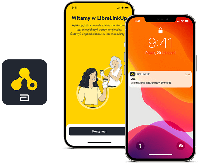Dwa smartfony wyświetlają aplikacje do zarządzania cukrzycą. Lewy smartfon pokazuje odczyt stężenia glukozy we krwi 112 mg/dl z wykresem glikemii i strzałką trendu, podczas gdy prawy telefon zawiera stronę główną aplikacji FreeStyle LibreLink w języku polskim.