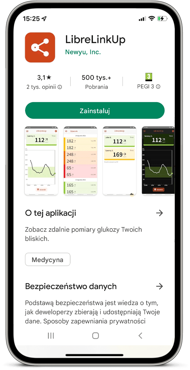 Na ekranie smartfona wyświetlana jest aplikacja LibreLinkUp w sklepie Google Play, na której widać jej logo, ocenę, możliwość pobrania, przycisk instalacji oraz zrzuty z ekranu z aplikacji pokazujące jej funkcjonalności.