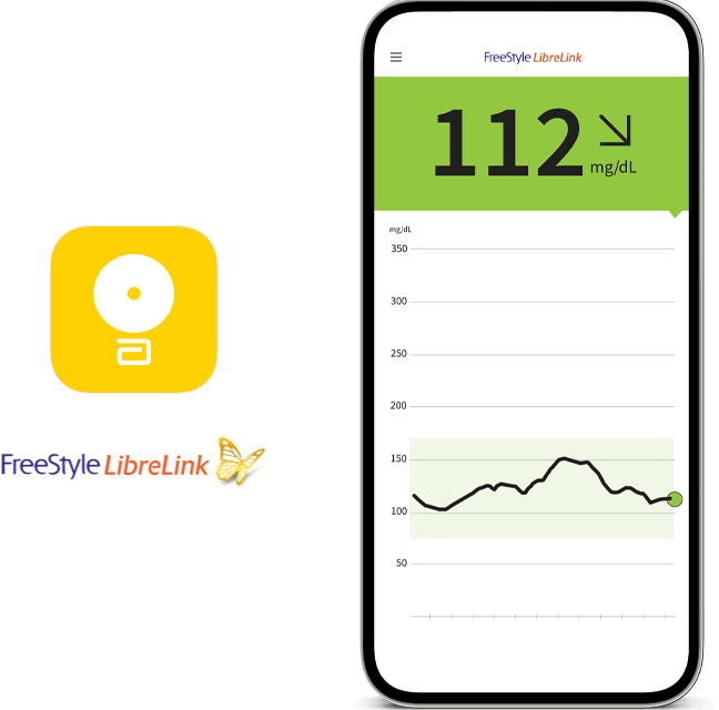 Smartfon z otwartą aplikacją FreeStyle LibreLink z odczytem stężenia glukozy 112 mg/dl, strzałką tresnu skierowaną lekko w dół i wykresem pokazującym zmiany glikemii. Logo FreeStyle LibreLink i ikona aplikacji pojawiają się w pobliżu smartfona.