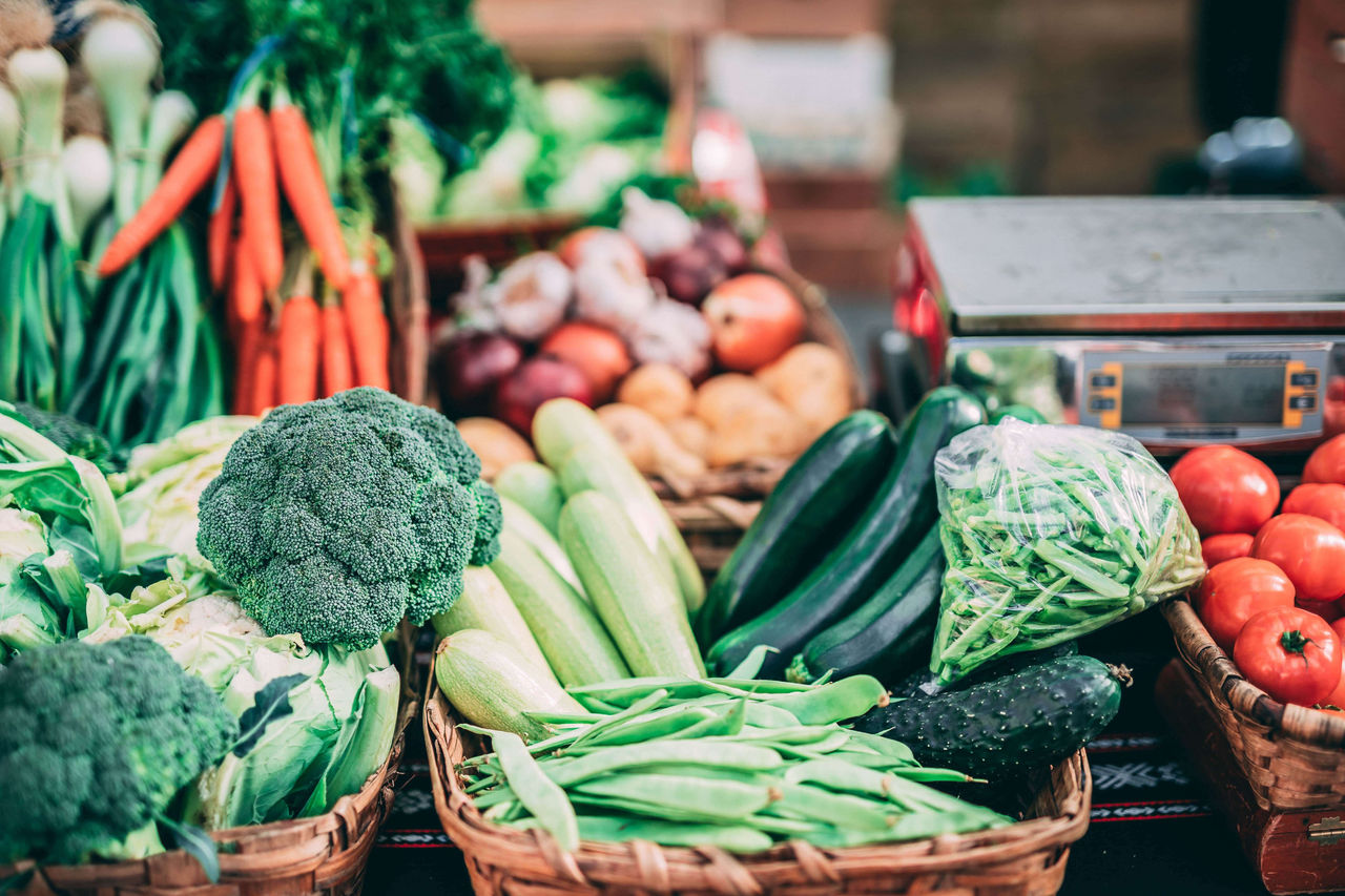 Várias cestas com vegetais
