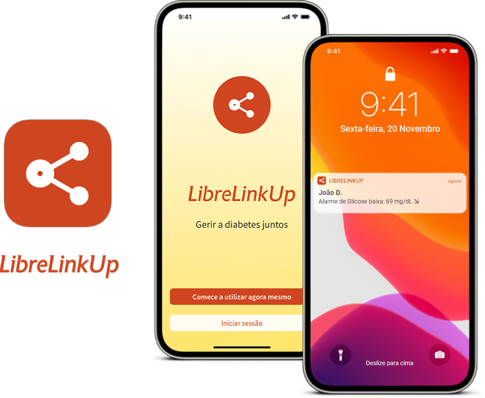 Dois telemóveis com as apps FreeStyle LibreLink e LibreLinkUp
