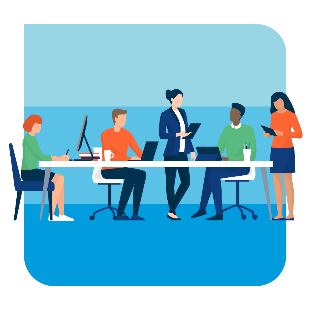 An Illustration of people sitting around an office