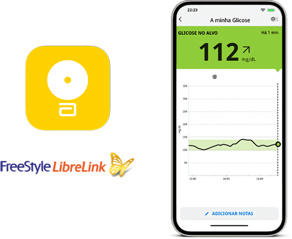 Telemóvel com a app FreeStyle LibreLink a mostrar os valores de leitura da glicose
