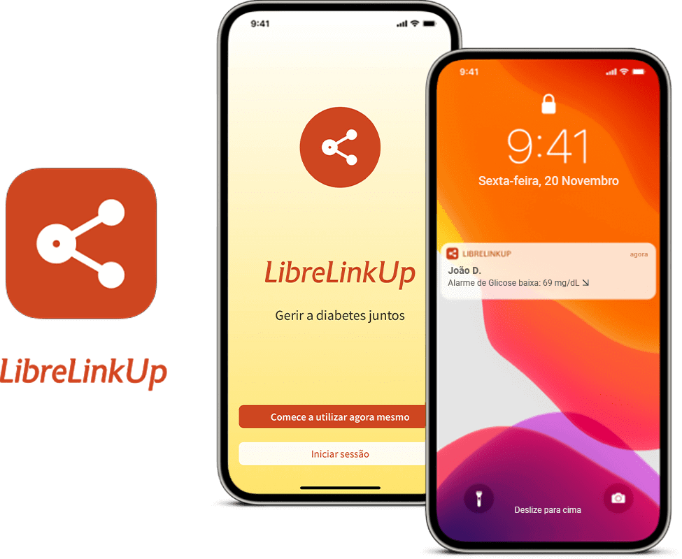 Dois telemóveis com as apps FreeStyle LibreLink e LibreLinkUp