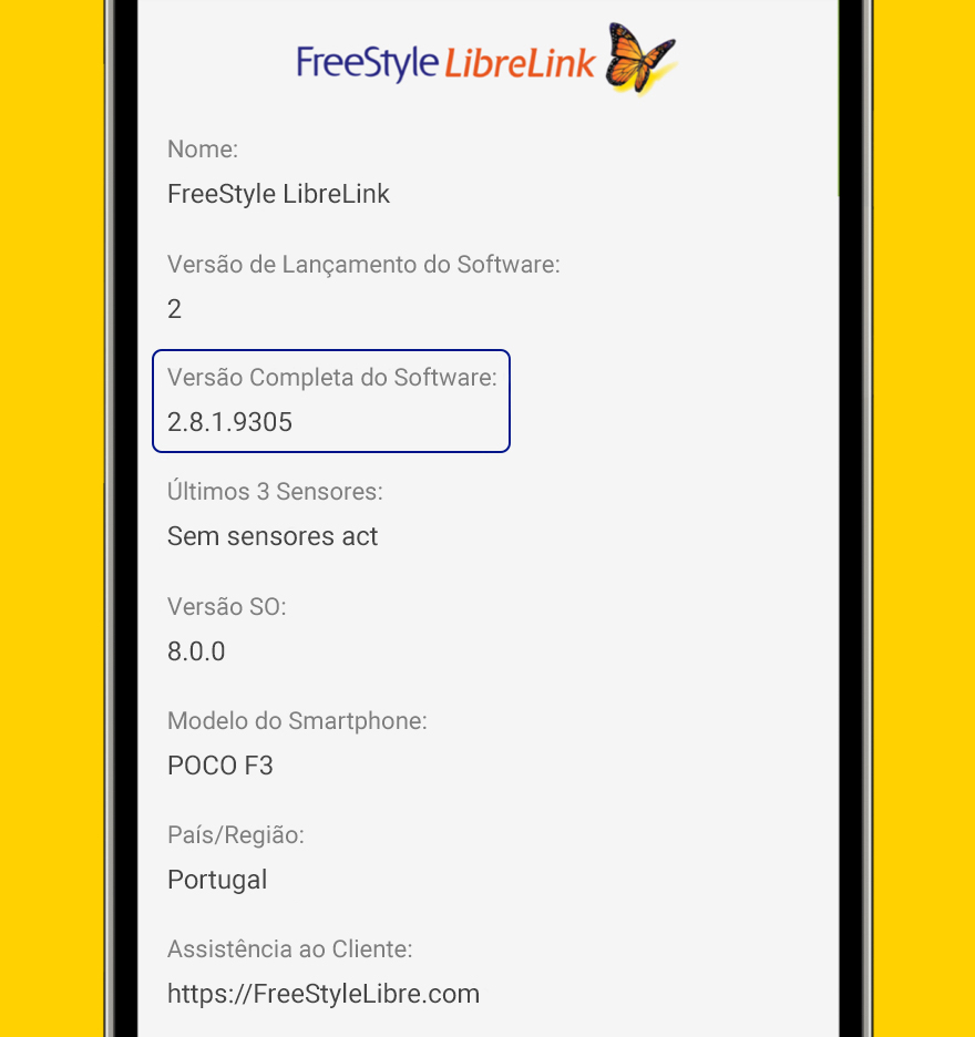 Informação com a versão do FreeStyle LibreLink