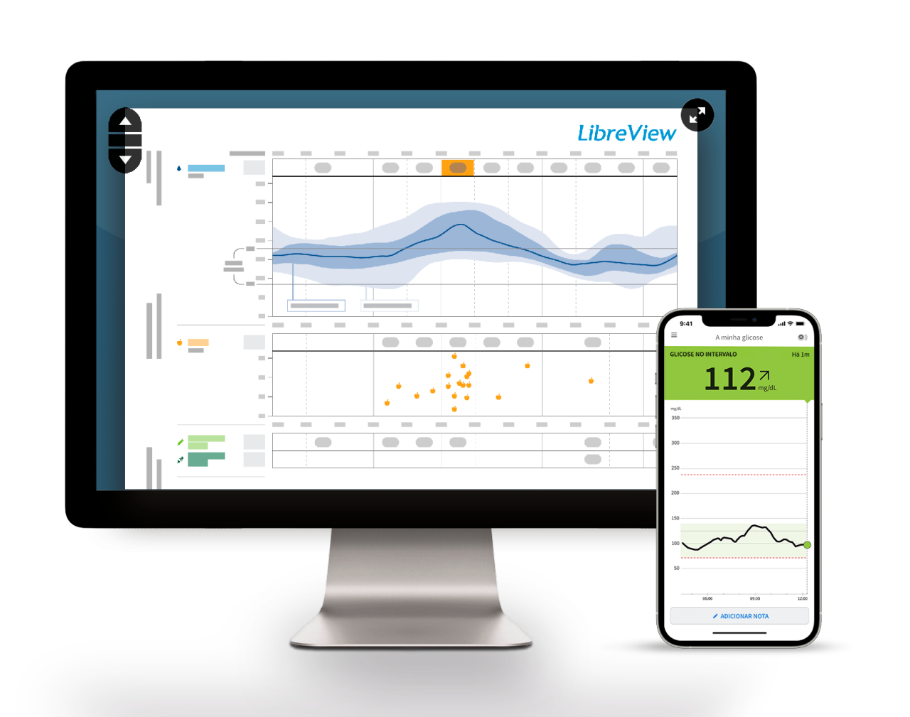 Computador com Libreview e smartphone com a aplicação FreeStyle LibreLink