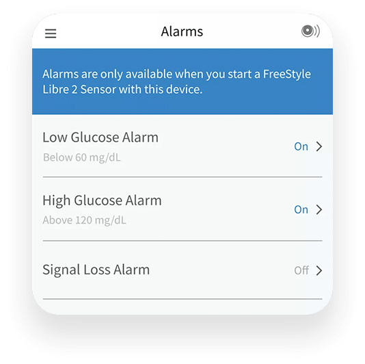 A screentshot of FreeStyle Libre alarms settings