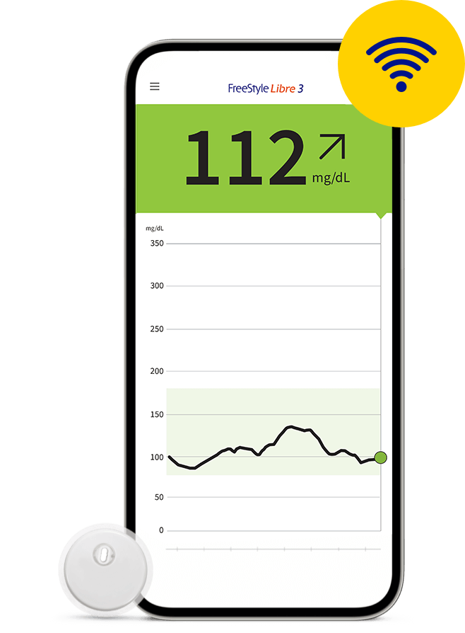 A screenshot of FreeStyle Libre 3 on a smartphone next to a FreeStyle Libre 3 sensor.