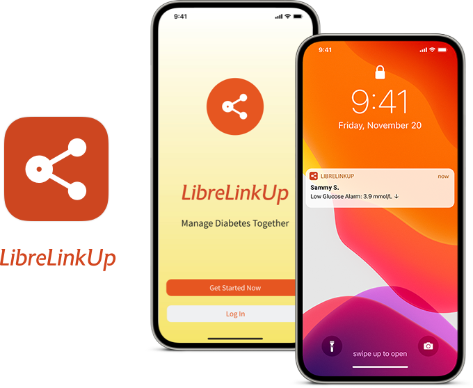 Two smartphones showing screenshots of the LibreLinkUp app. One shows the signup and login screen and the other shows an example notification next to LibreLink app icon