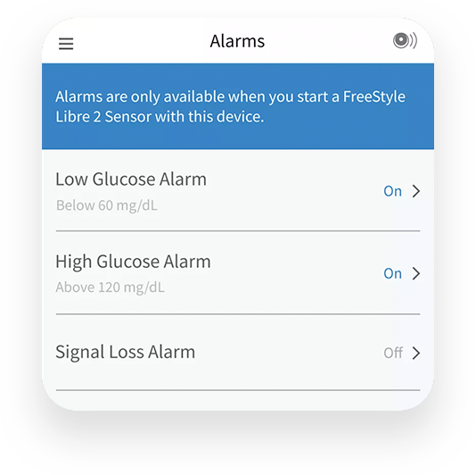 Glucose alarm settings.