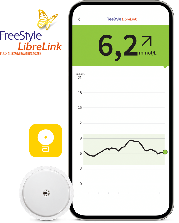 Key visual with FreeStyle Libre sensor, LibreLink app icon and phone screen