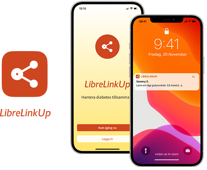 Två mobilskärmar visar startsidan i LibreLinkUp-appen och en notis från appen