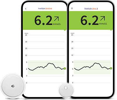 The FreeStyle LibreLink and FreeStyle Libre 3 apps shows on smartphones with the FreeStyle Libre 2 and FreeStyle Libre 3 sensors