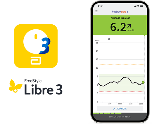 A screenshot showing the FreeStyle Libre 3 app on a phone with FreeStyle Libre 3 logo