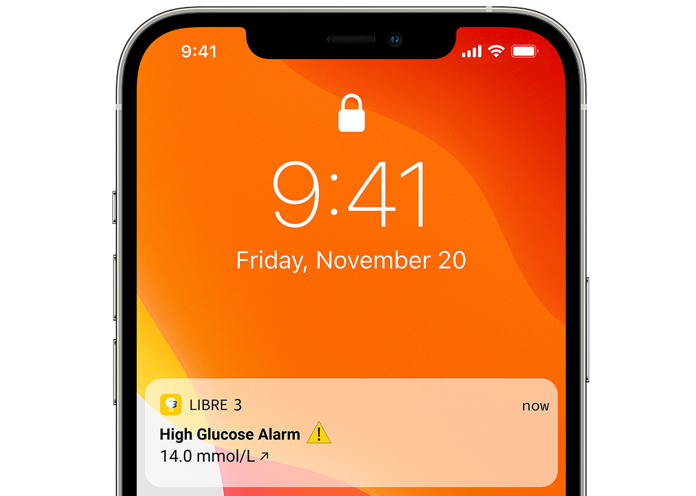 an image of a high glucose alarm notification on the phone