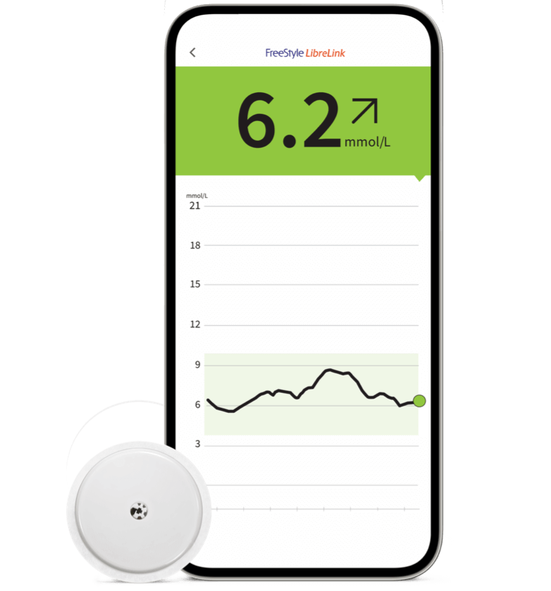 FreeStyle libreLink app screenshot with Libre 2 sensor next to it