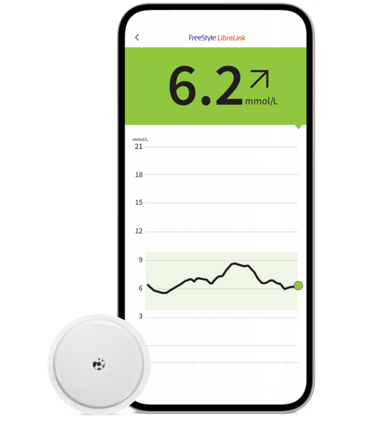 FreeStyle LibreLink app screenshot on smartphone with Libre 2 sensor next to it
