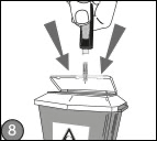 A hand dispposing of the lancing device in accordance with waste regulations.