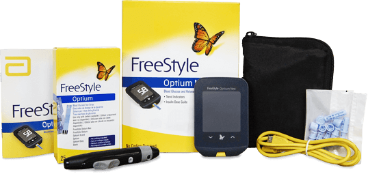 What's in the box with the Optium Neo device: setup guide, 25 test strips, carry case, 50 lancets, lancing device, USB cable.