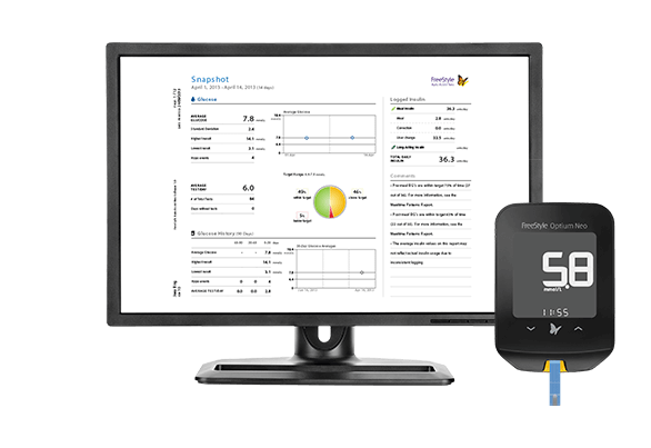 A screenshot of the FreeStyle Auto-Assist software shown on a computer monitor next to a FreeStyle Optium Neo device.