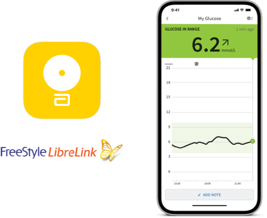A screenshot of a LibreLink app glucose report on a smartphone next to FreeStyle Librelink app icon and logo 