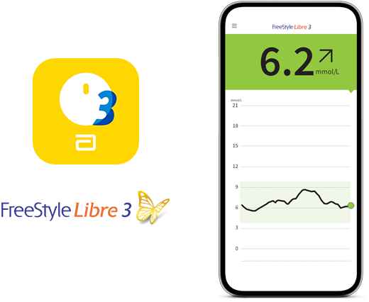 A screenshot of a  FreeStyle 3 app glucose report shown on a smartphone next to FreeStyle Libre 3 app icon and logo