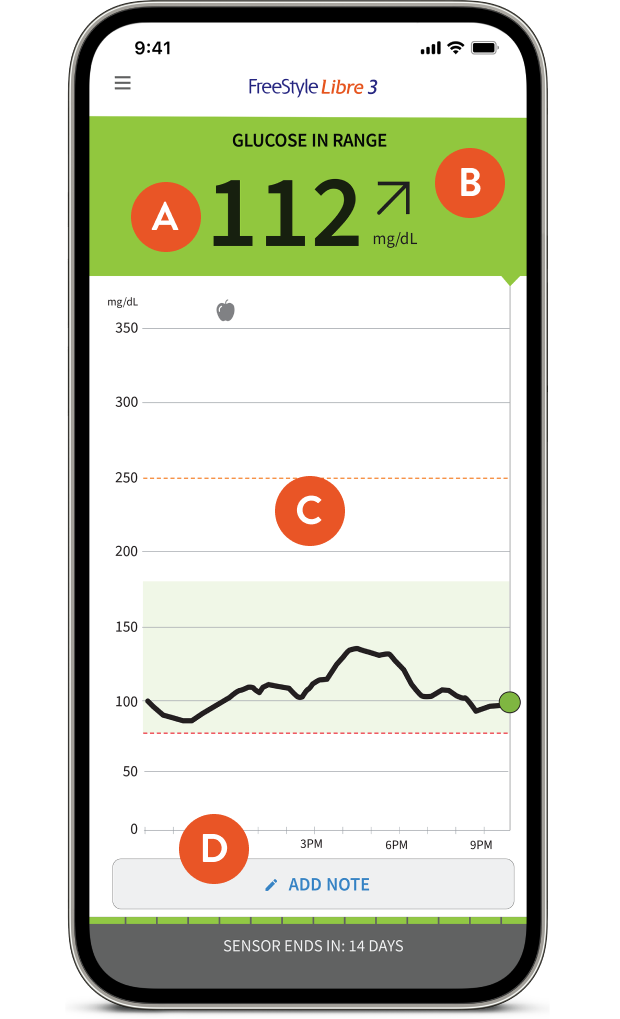 Smartphone displaying real time glucose information on FreeStyle LibreLink app