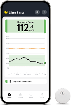 FreeStyle Libre 3 app screen and FreeStyle Libre 3 Plus sensor